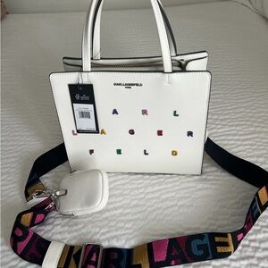 NWT Karl Lagerfeld Paris White Satchel with colorful letters and crossbody strap